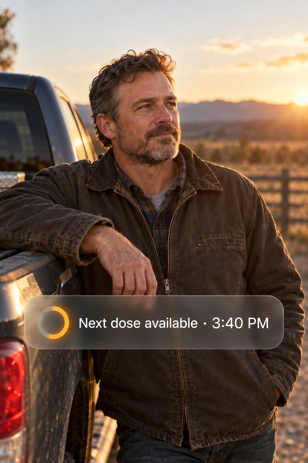 Concept render of a man outdoors with a next-dose notification.